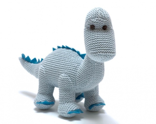 Organic Blue Dinosaur Knitted Diplodocus Baby Rattle